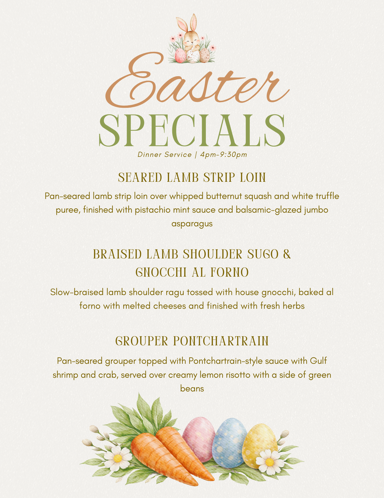 2026 Easter dinner menu